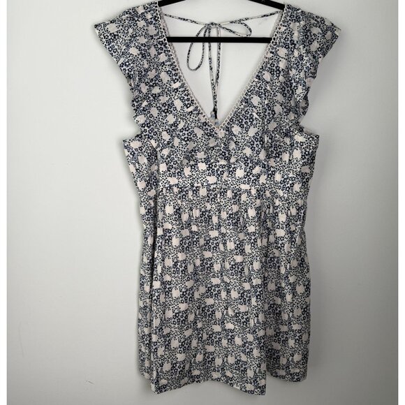 Anthropologie V-Neck Plunge Mini Tunic Dress Blue Cream Size L Garden Party - Picture 5 of 12